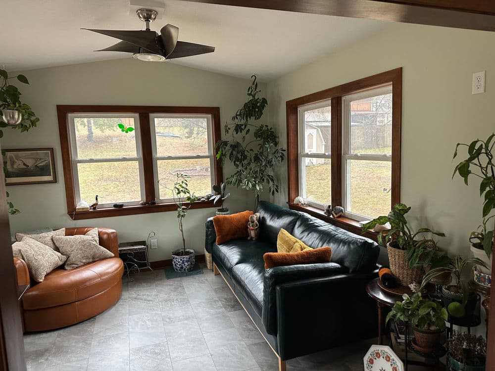 Cozy sunroom with green walls, plants, leather chair, and black sofa with orange cushions.