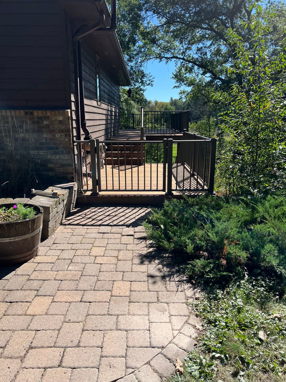 Wooden deck of a home surrounded by greenery and a paved pathway under clear blue sky.