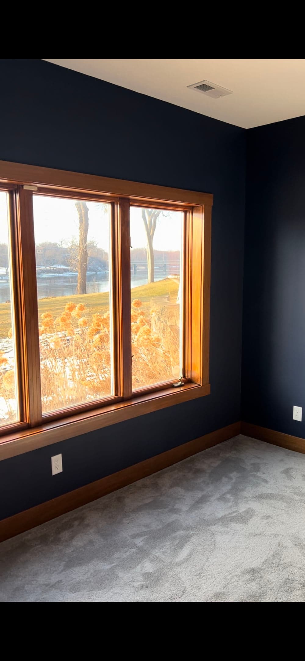 Cozy room with dark blue walls and large window overlooking a snowy landscape.