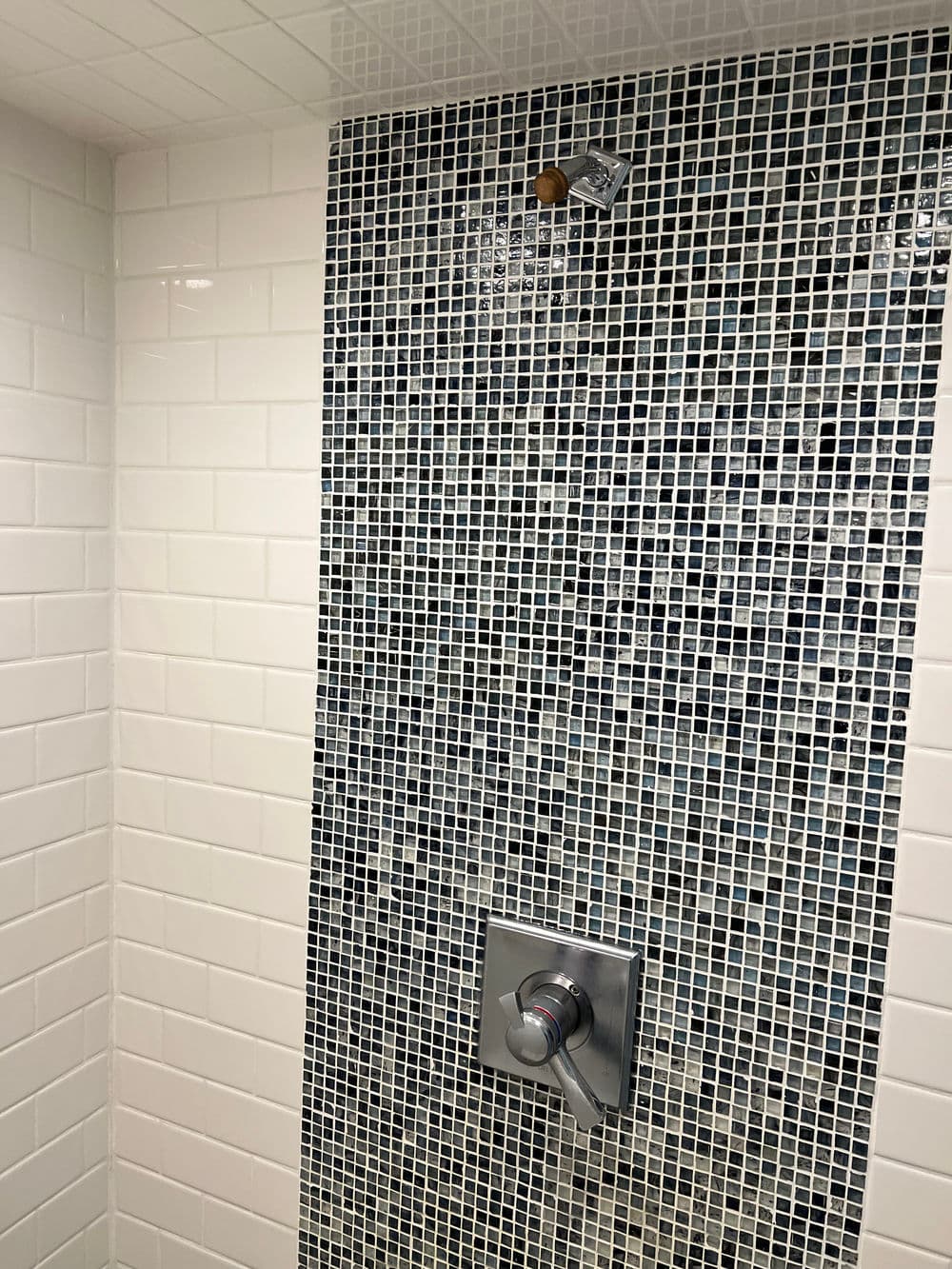 Modern shower design featuring black and white mosaic tiles and chrome controls.